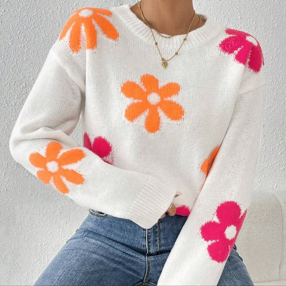 Print Round Neck Drop Shoulder Long Sleeve Casual Loose Pullover Sweater, - Picture 1 of 5